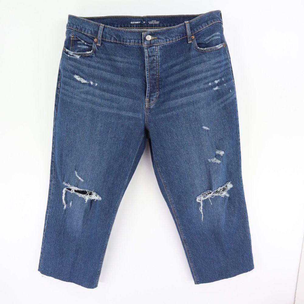 Old Navy Jeans Slouchy Straight High Rise Womens Sz 20 Blue Dark Wash Distressed